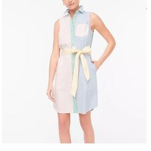 J Crew Factory Rainbow Pastel Striped Color Block Waist Tie Shirt Dress